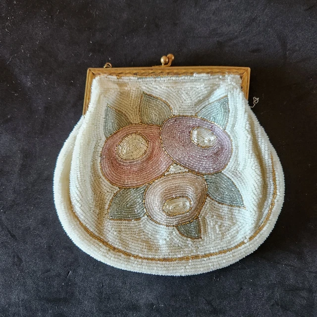 Vintage Floral Colorful  Beaded  Purse with celluloid comb. 6 X 6" Read Below