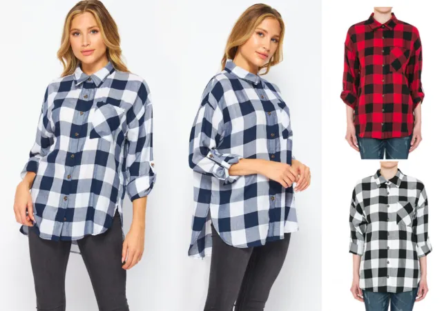 Women's Cozy Cotton Plaid Oversized Long Cuffed Sleeve Shirt Button Down Top