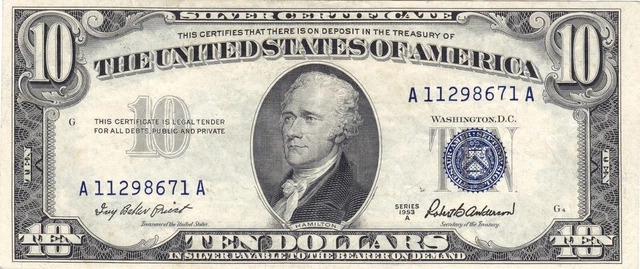 1953 A 10.00 Silver Certificate Note. Paper Money, Currency