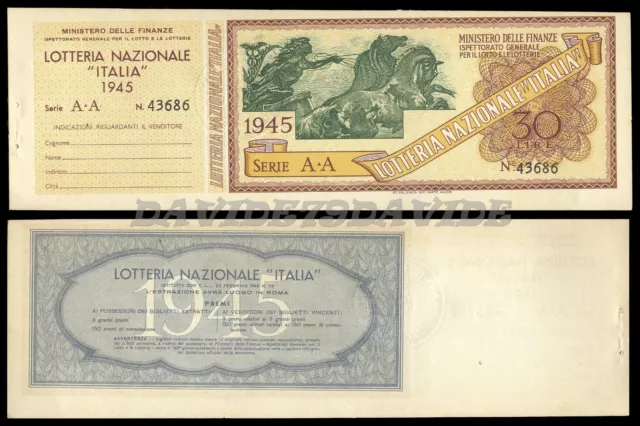 Biglietto Lotteria Nazionale Italia  Lire 30 Anno 1945 -  Nuovo Con Matrice