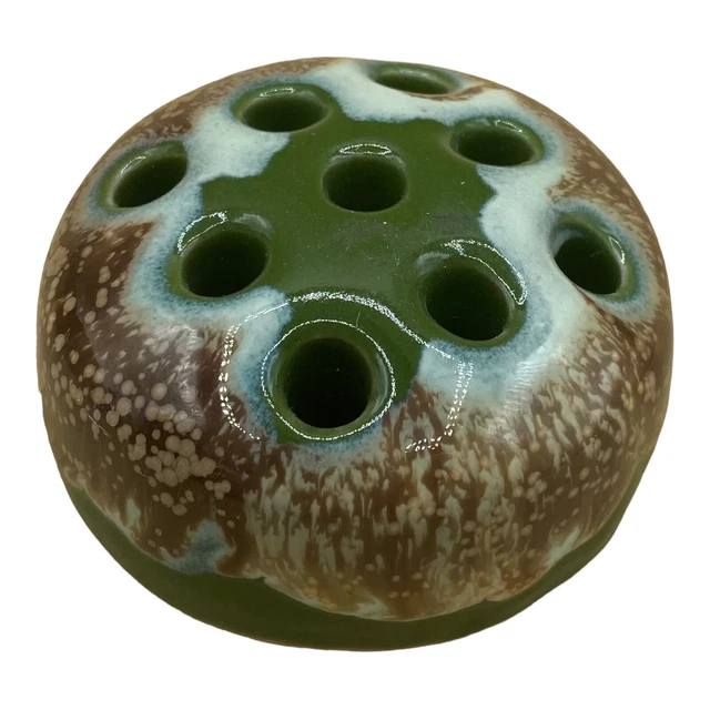 Vintage Art Pottery Flower Frog Green Majolica Drip Glaze Made In Japan 9 Holes