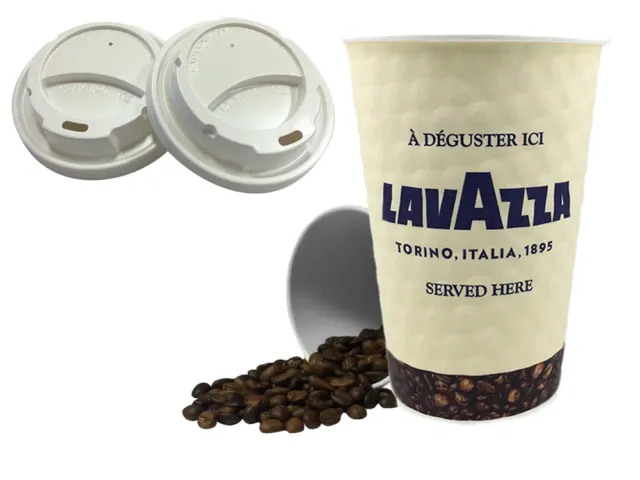 12oz Lavazza Double Walled Paper Wall Disposable Cups & Sip Through WHITE Lids