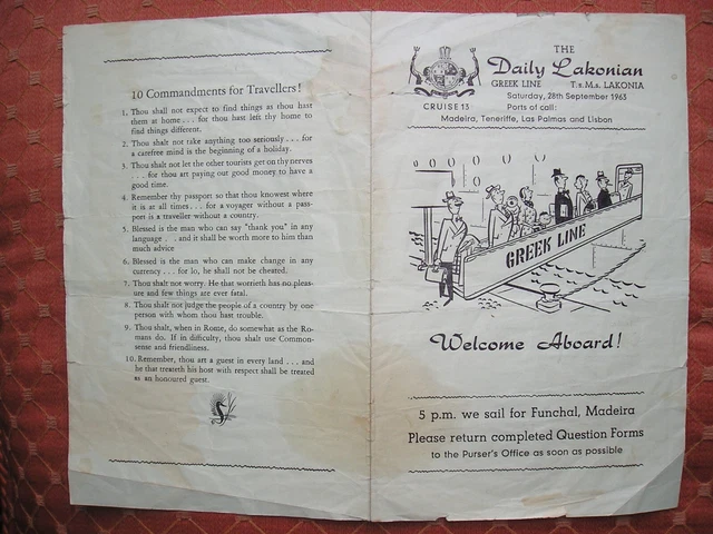 Tsms Lakonian Greek Line 1963 Cpt Zarbis Events Programme Cruise 13 Lisbon Ports