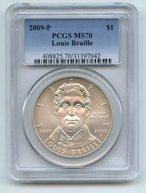 2009 P $1 Louis Braille Silver Commemorative Dollar PCGS MS70