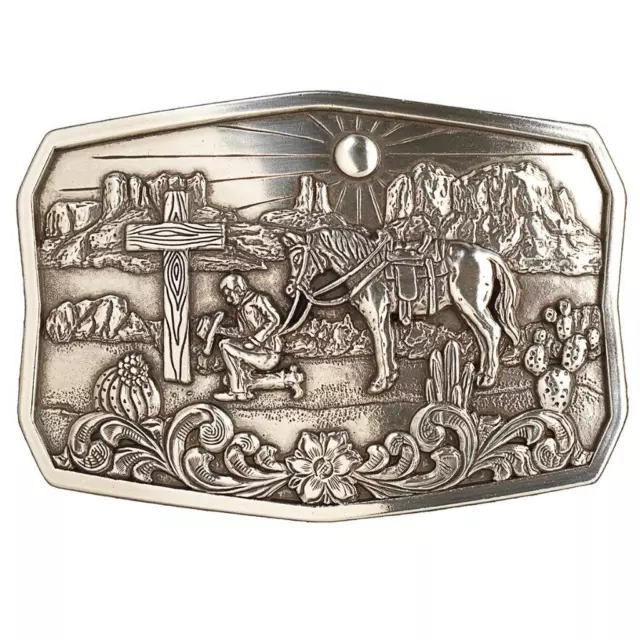 Nocona Western Mens Buckle Cactus Praying Cowboy Silver 37909