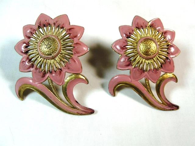 Pair of Vintage 1940s Enameled Metal Curtain Pinbacks Gold and Pink