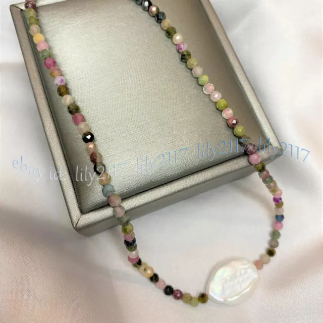 3mm Faceted Multicolor Tourmaline Natural White Baroque Pearl Pendant Necklace