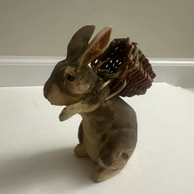 Hand Carved 4.5"Wood Bunny Rabbit Carrying Wicker Basket Easter Decor