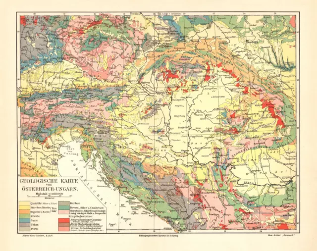 Österreich Ungarn Geologie historische Landkarte Lithographie ca. 1906 antik