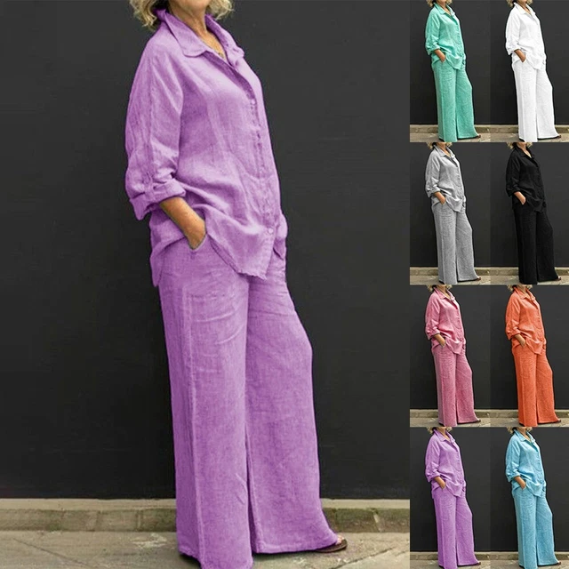 Biancheria da letto in cotone nuovissima donna autunno camicetta a bottoni e pantaloni dritti larghi