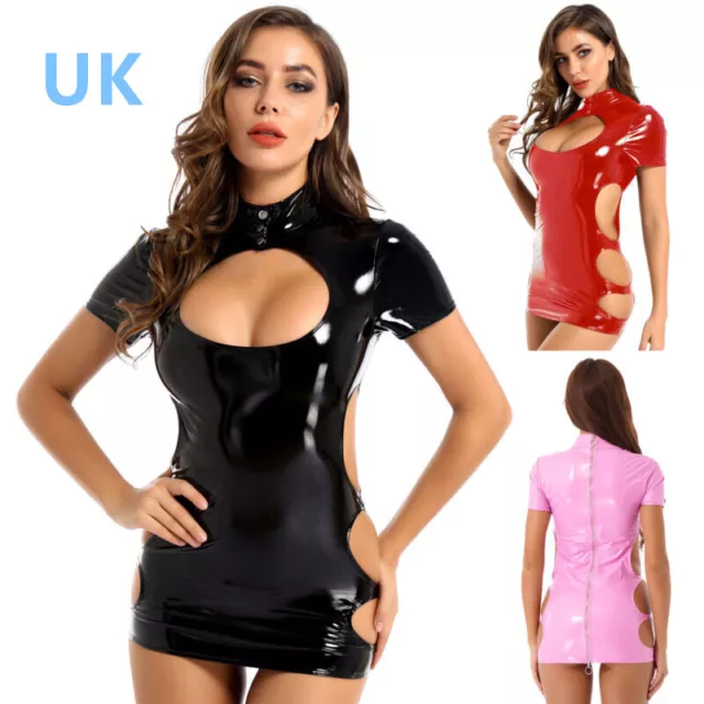 UK Women's Bodycon Dress Sexy Wet Look Mini Dresses Shiny PVC Leather Clubwear