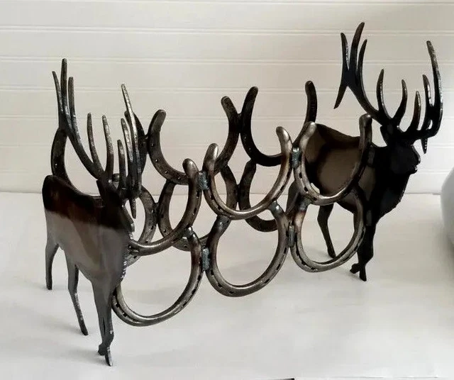 Horseshoe Wine Rack holds 6 bottles Steel Cutouts 2 Deer Handmade 17x13x15