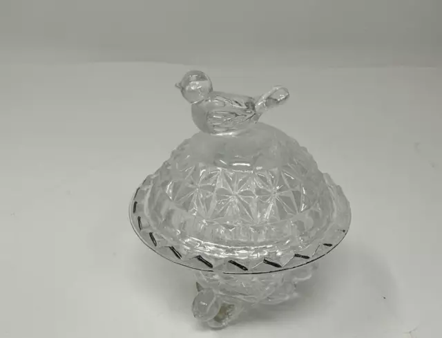 Vintage Hofbauer Byrdes Birds Clean Crystal Round Footed Trinket Box w/Lid