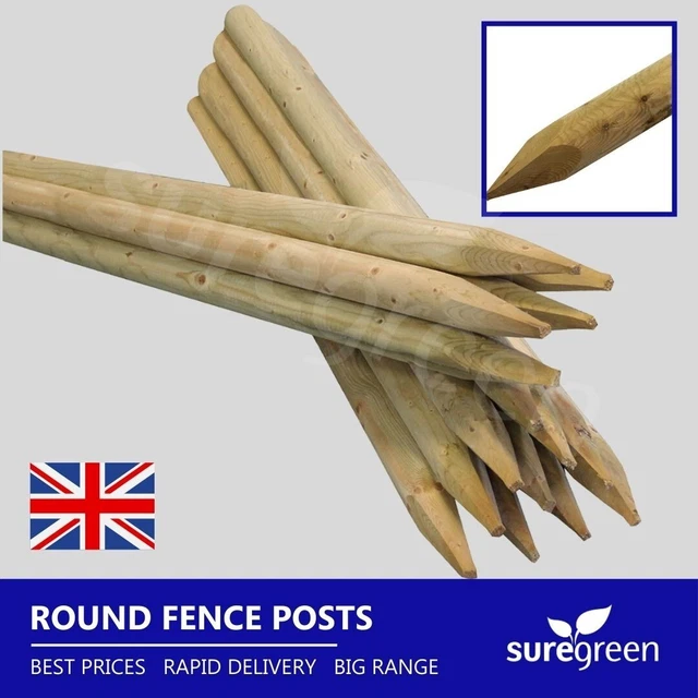 Suregreen 5 Pack Round Fence Posts - 1.8m X 50mm Green Treated Wooden Stakes For Gardening, Landscaping & Tree Support-1044034