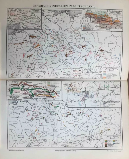 Nutzbare Mineralien in Deutschland historische Landkarte Lithographie ca. 1908