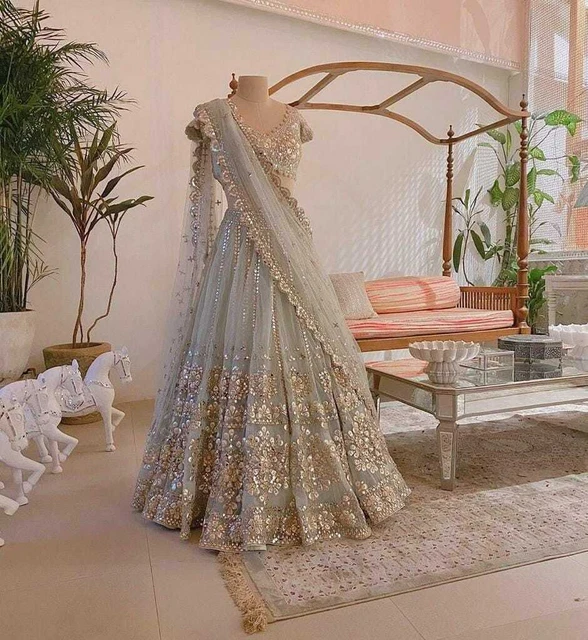 GREY NET FOIL Embroidery Indian Party Wear Lehenga Lengha Choli