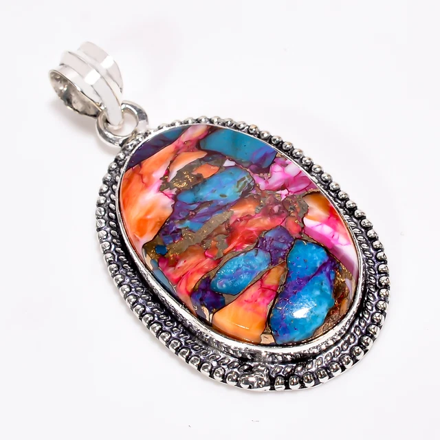 Oyster Turquoise Vintage Style Handmade 925 Sterling Silver Pendant 1.9" GSR3845