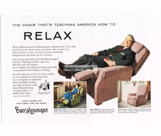 1955 Barcalounger Recliner Mid-Century Retro Furniture Vintage Print Ad
