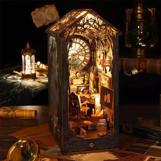 DIY 3D Book Nook Kit Wooden Puzzle Bookshelf Insert Decor with LED Light Gift