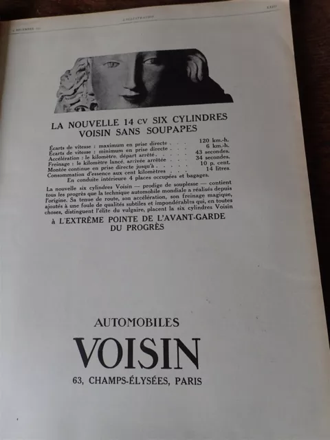 VOISIN 14 CV 6 cyl sans soupape automobile  publicité papier ILLUSTRATION 1926