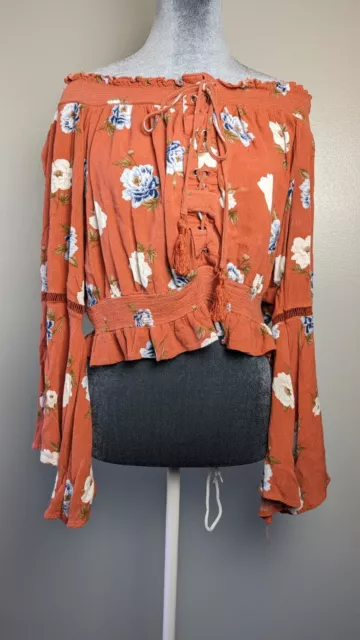 Women's Size XL Burnt Orange Floral Off the Shoulder Crop Top With Bell Sleeves