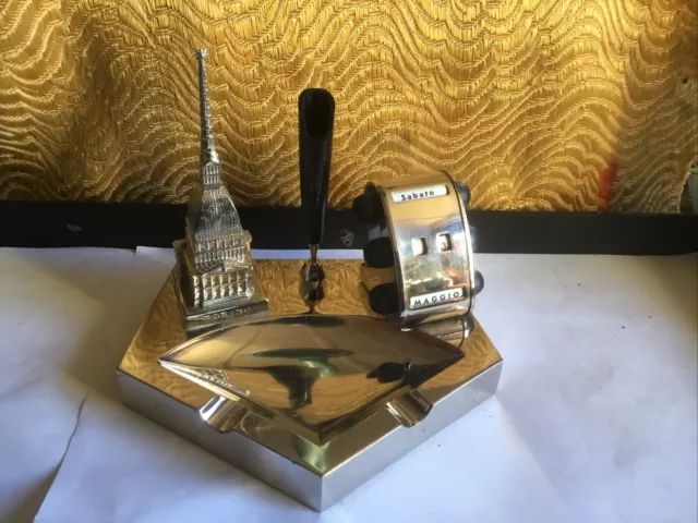 Art Deco Italian Chrome Desk Organiser ashtray pen holder Perpetual Calendar