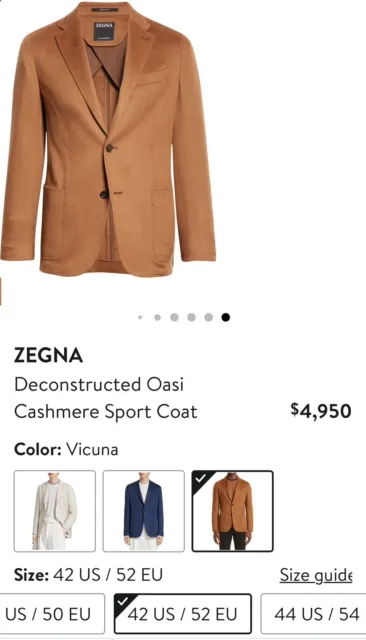 NWT $4950 ZEGNA Deconstructed Oasi 100% Cashmere Sport Coat 42 Regular.