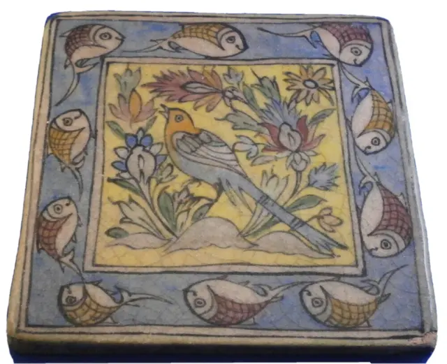 Antique 19thC Bird Scene Ceramic Tile Scenic Pottery Keramik Kachel Szene #2