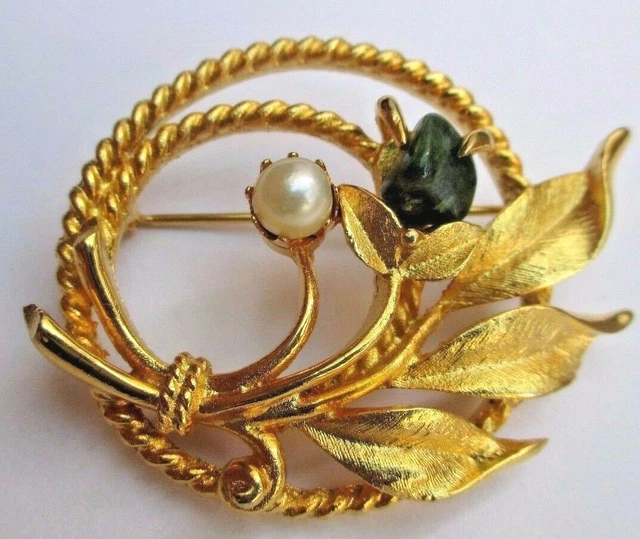 Broche Vintage Avon Feuille Dorée Avec Perle - Porte-parfum Solide, Signé