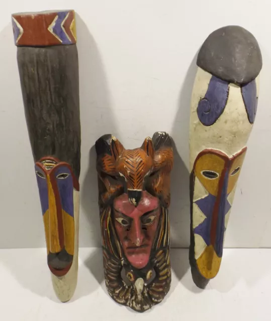 3 Old Carved Painted Masks Decor Africa, Asian Collectibles 3
