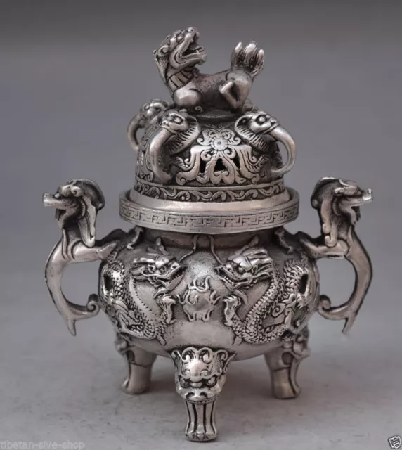 Antique Old Decorated bronze Handwork Tibet Silver censer statue Incense Burners