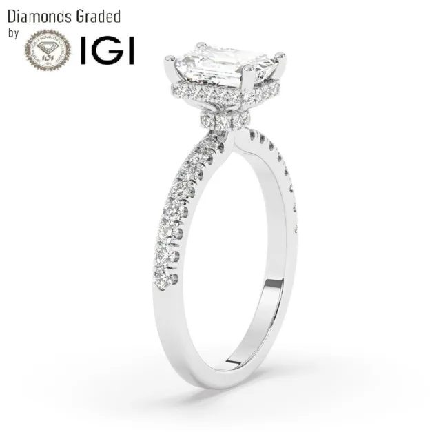 IGI, Lab-Grown Hidden Halo Emerald Cut Diamond Engagement Ring,18K White Gold
