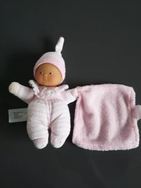 Doudou peluche poupée Corolle rose pale rayé mouchoir rose hochet 15cm