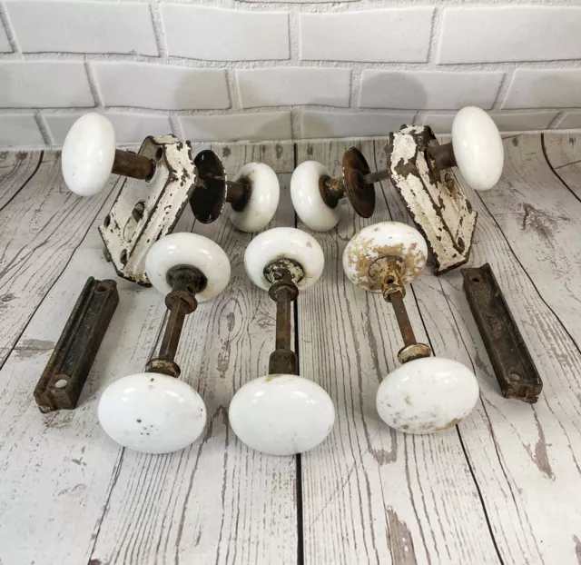 Vintage Antique WHITE Porcelain Door Knob Lot 2 Locks Strikers 10 Knobs Spindles
