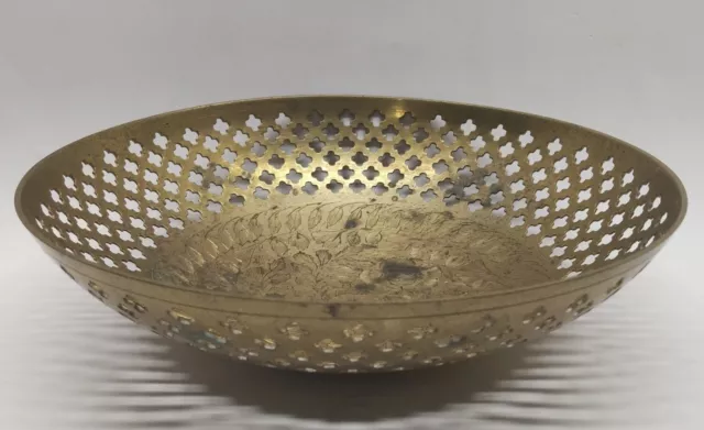 1920 Ornate Pierced Floral Etched Brass Bowl Made in India 7 3/4'' x 2'' Vintage