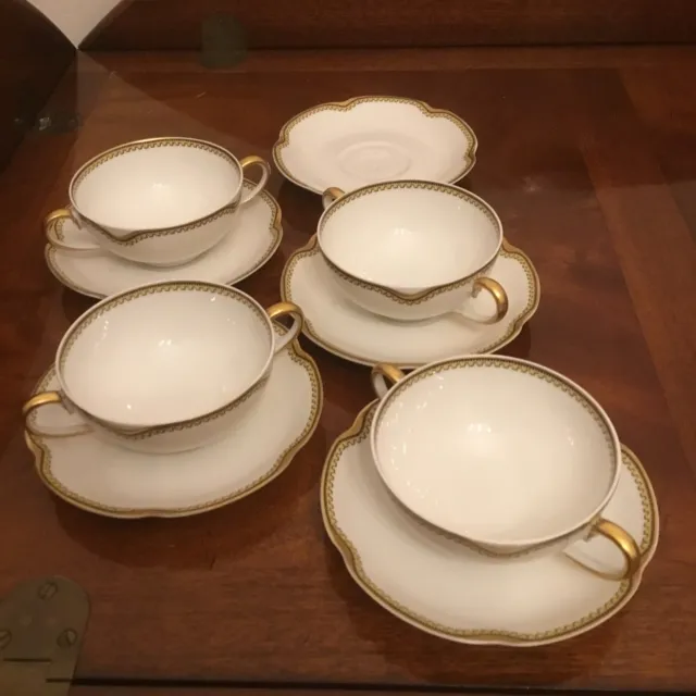 Vintage Double Handle Tea/Bouillion Cups, Saucers. Haviland France Limoges Anjou