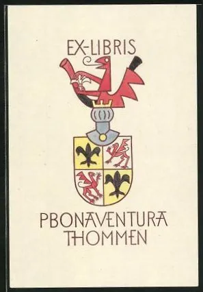 Exlibris Pbonaventura Thommen, Wappen mit Ritterhelm & Greif