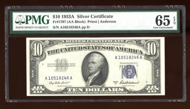 DBR 1953-A $10 Silver Fr. 1707 Gem PMG 65 EPQ Serial A10518246A