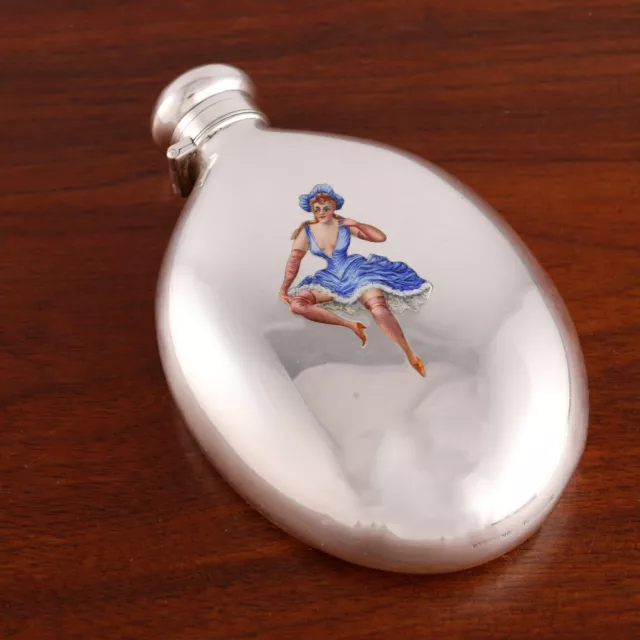 AMERICAN STERLING SILVER & ENAMEL FLASK COLORFUL DANCING CABARET GIRL 20thC