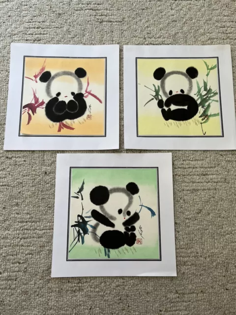 3 Hand Painted Chinese Watercolor & Ink Paintings Panda Bears & Bamboo Nursery