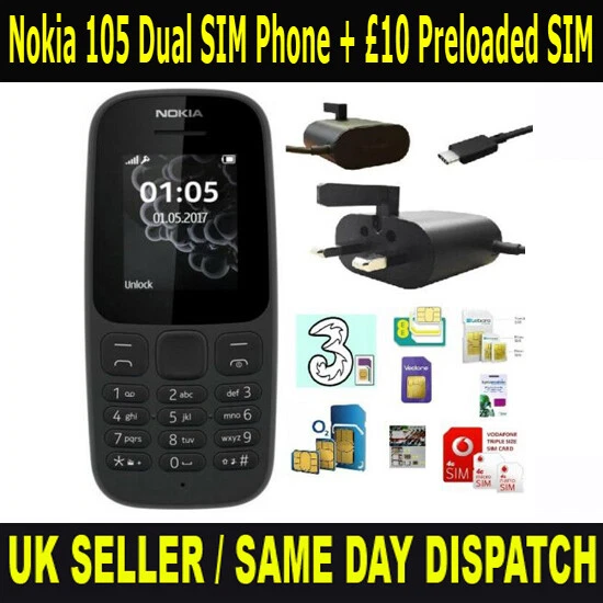 Nokia 105 sbloccato 2019 telefono DUAL SIM nero + £10 crediti SIM UK precaricata