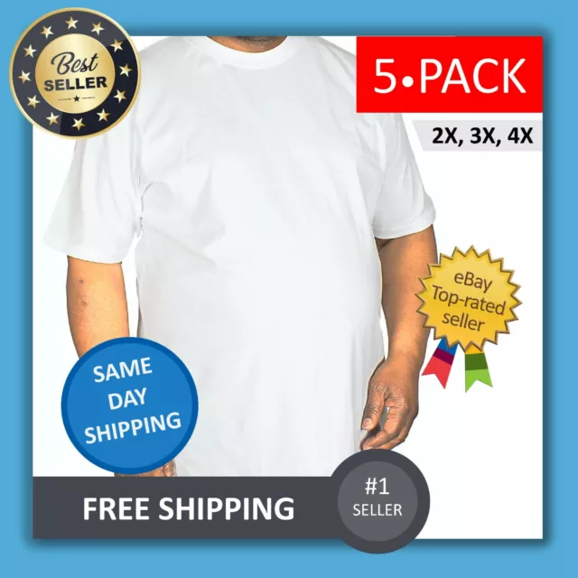 5 Pack Plain White Mens Heavy Cotton 2X, 3X, 4X Short Sleeve T Shirt Big & Tall