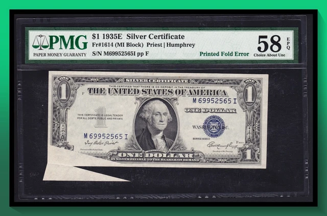Fr. 1614 1935E $1 Silver Certificate *PRINTED FOLD ERROR* PMG 59 EPQ AU