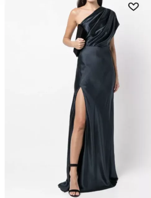 Michelle Mason long dress slate 1 Shoulder Draped Silk Front Leg Slit Size 10