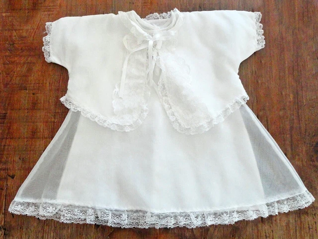 VTG 1972 Baby Christening Gown Dress Jacket Slip Sheer Lace Ribbon Ties White