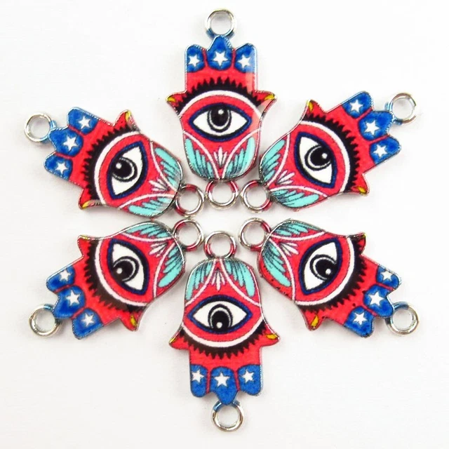 6Pcs Red Blue Enamel Tibetan Silver Evil Eye Hand Pendant Bead PJ2918