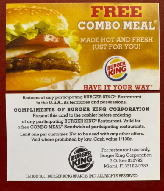 Burger King Meal Cards Lot (Combo Sandwich) * No Expiration Date