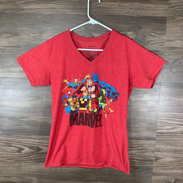 Disney Store Marvel T Shirt Girls Size L Large Red V-Neck Graphic Tee Superhero