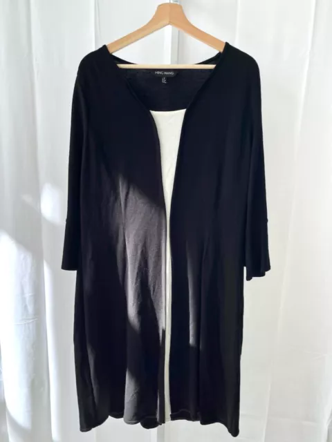 MING WANG 3/4 Sleeve Midi Dress Layered Look Colorblock Midi Black Ivory Size L