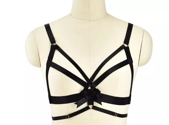 BRA BURLESQUE HARNESS Open Elastic Black Lace Bosom Sexy £23.90